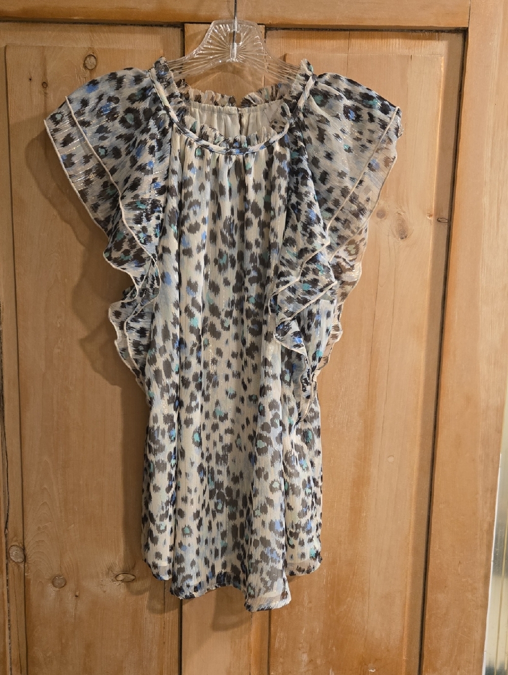 LOFT Cream Leopard Print Ruffle Blouse with Blue/Green Accents